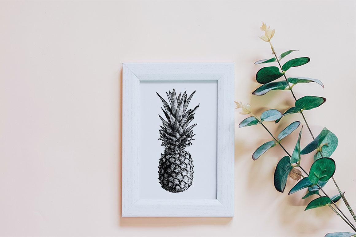 White art print on peach wall featuring hand drawn pineapple illustration