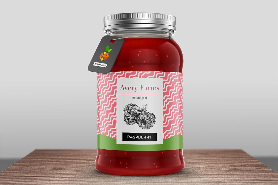 Red jam jar using raspberry illustration on label